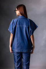 Denim pearl embellished kaftan shirt