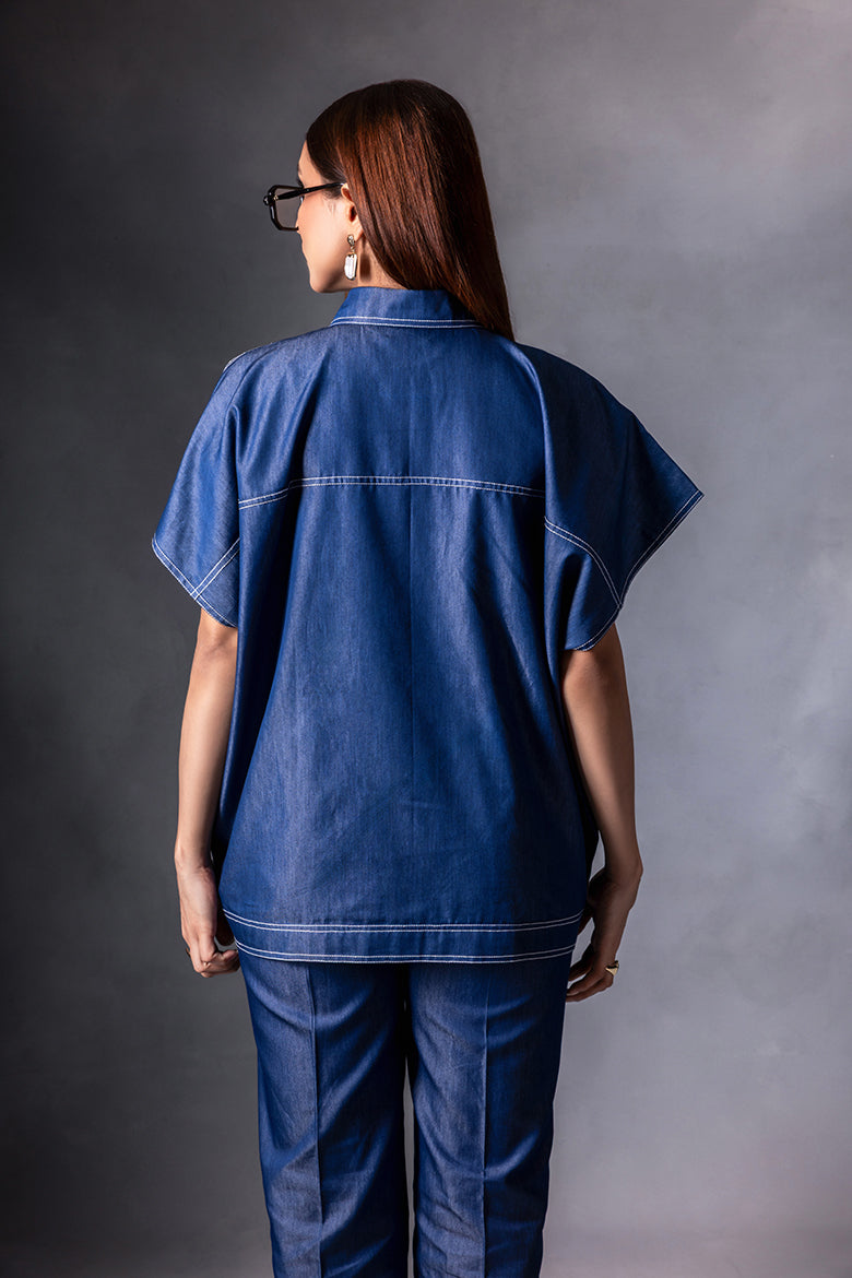 Denim pearl embellished kaftan shirt
