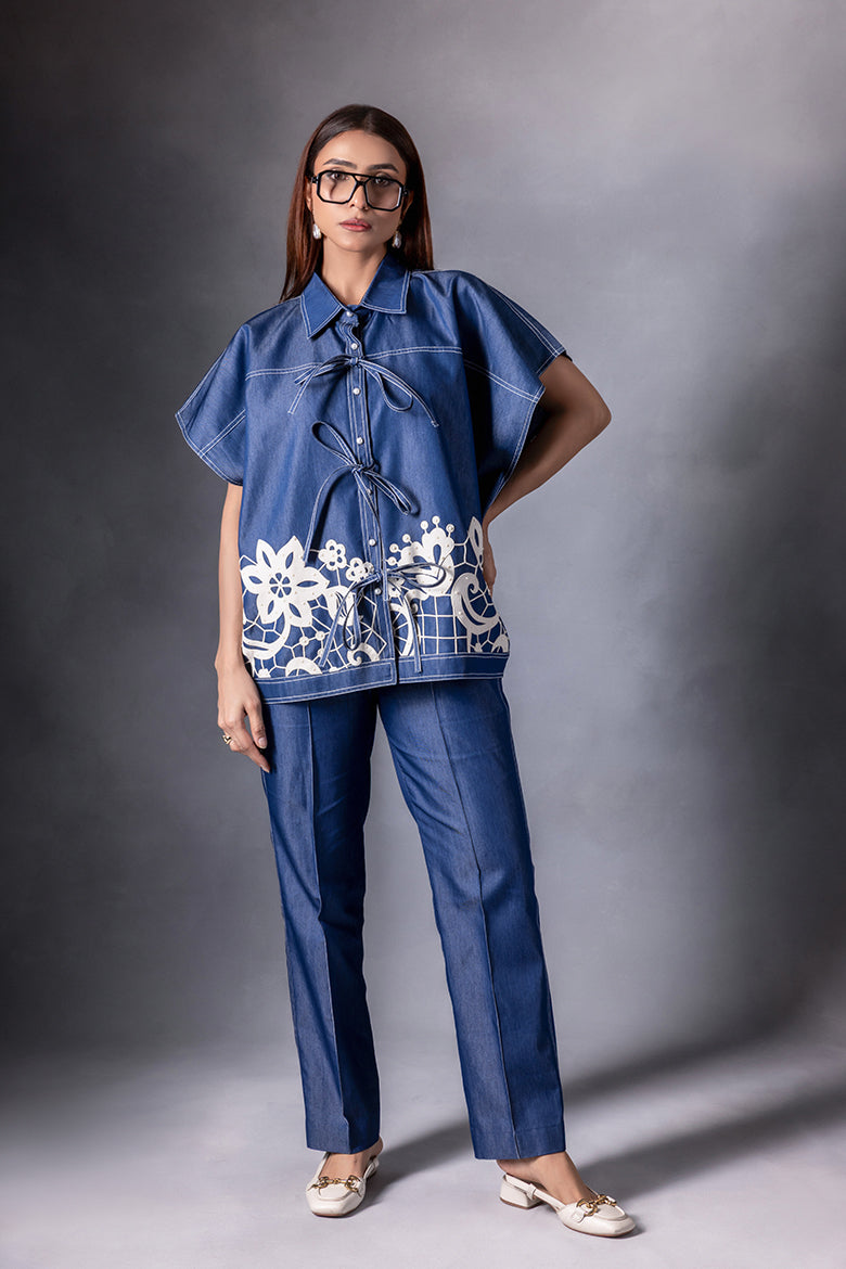 Denim Pearl Embellished Kaftan Co-ord Set