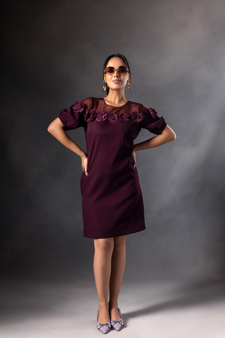 Plum 3D Flower Mini Dress