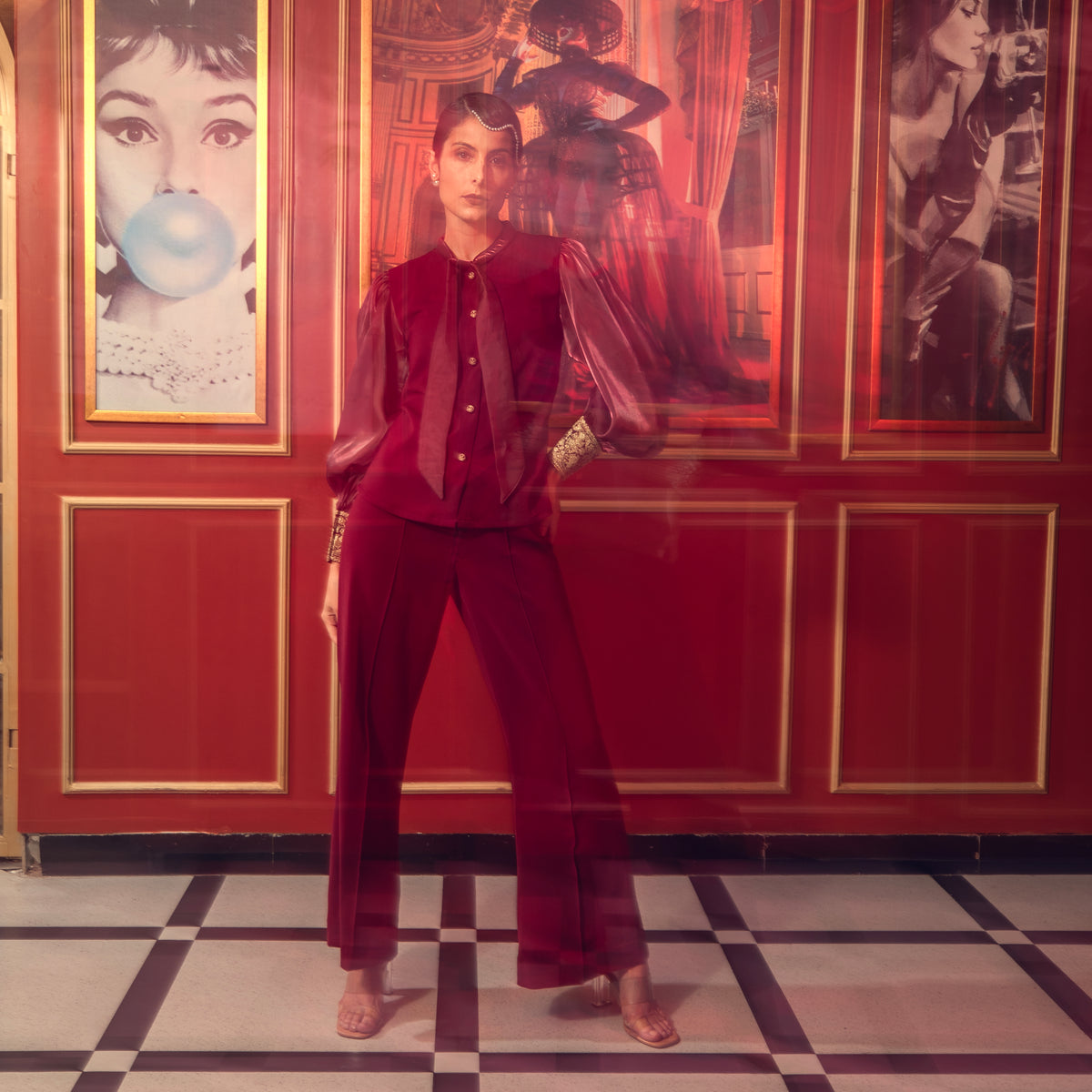 Maroon Puffed sleeved Bow Co-ord set