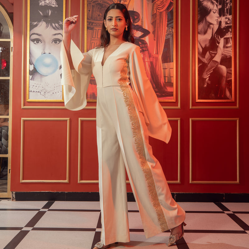 Ecru cape sleeves embroidered jumpsuit – Sila Atelier