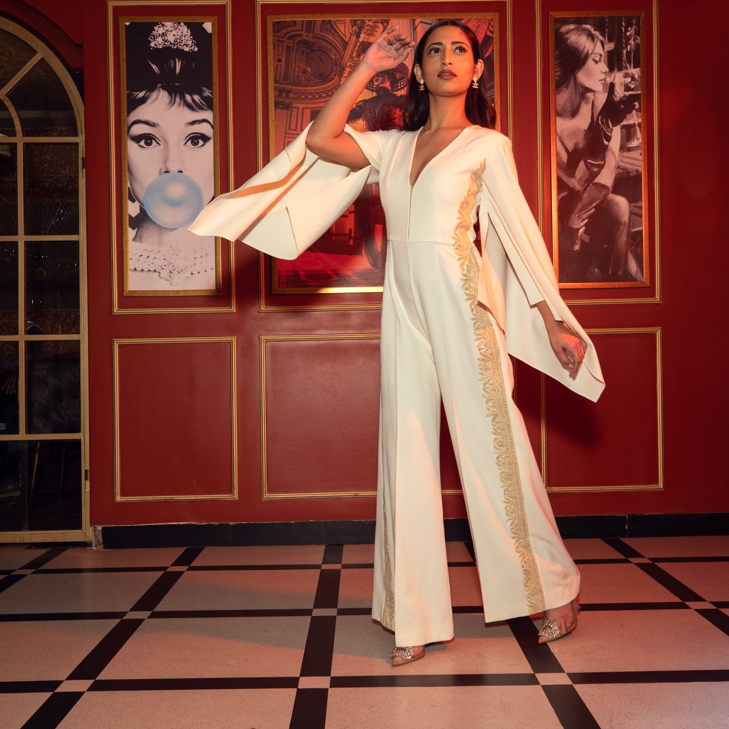 Ecru cape sleeves embroidered jumpsuit