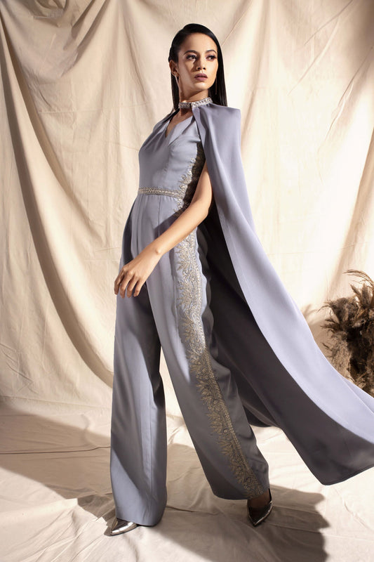 Lilac Caped Embroidered Jumpsuit