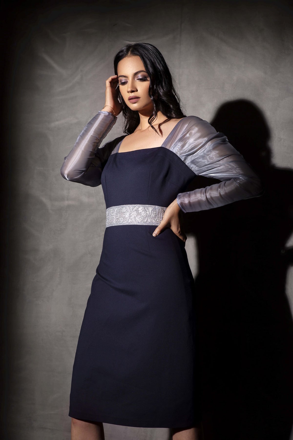 Puffed Sleeved Embroidered Belt Press Dress